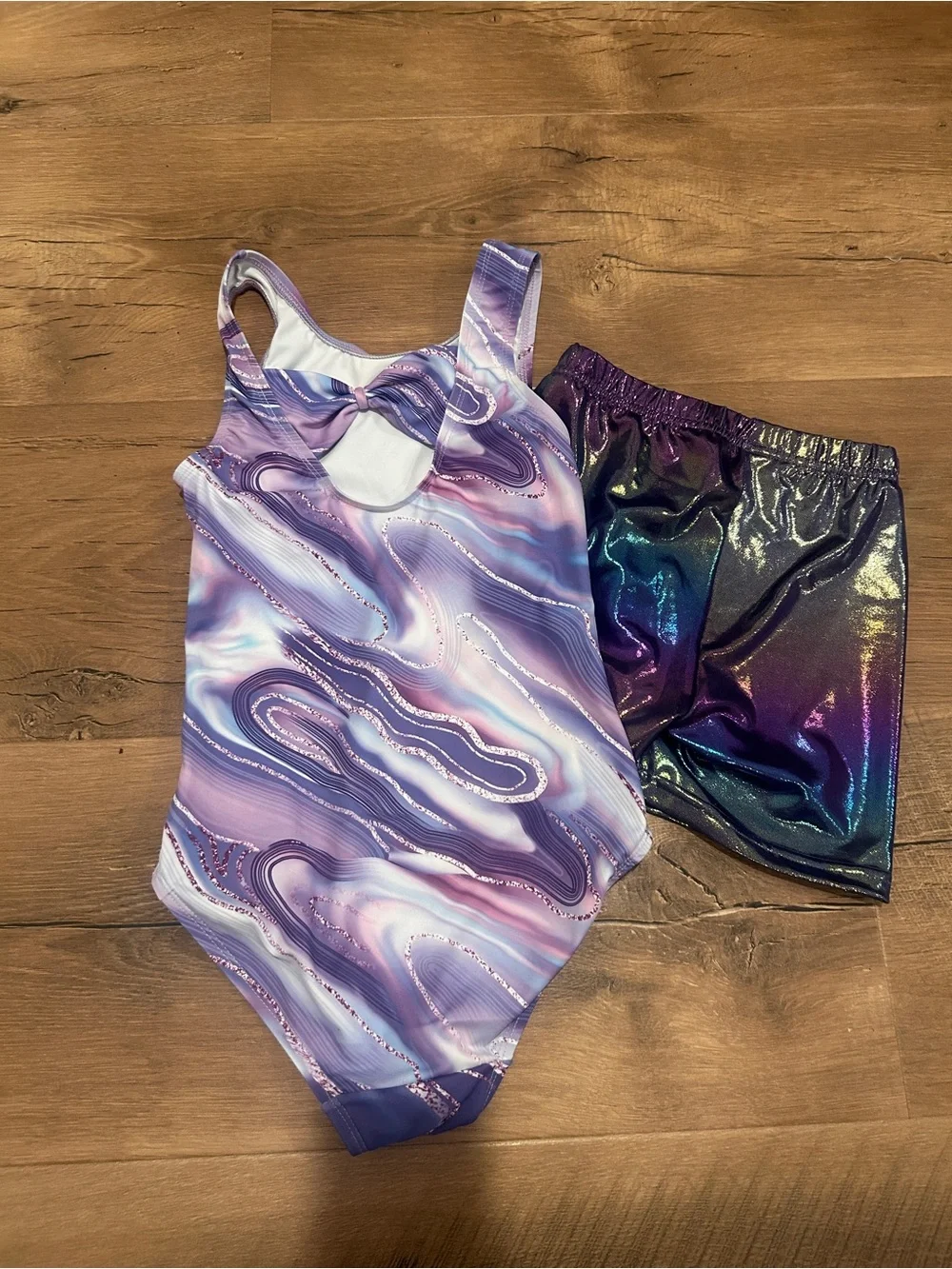 Kids Purple Marble gymnastics Leo with shorts